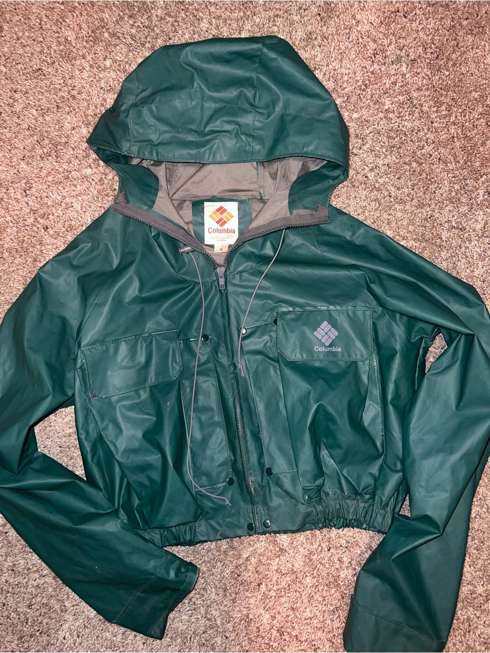 Vintage 80’s Columbia Dark Green Hooded Fly Fishing Rain Shell Waterproof Medium